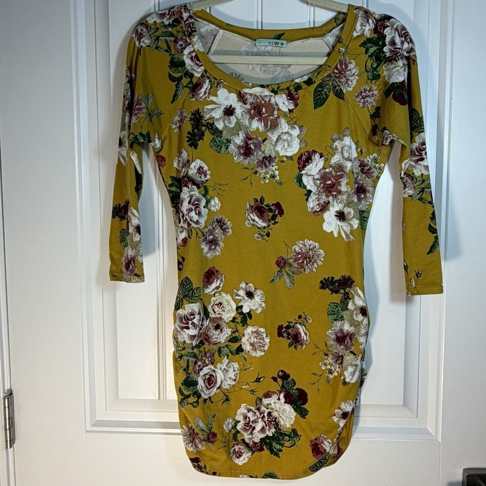 P.S. Kate Mustard Floral 3/4 Sleeve Bodycon Midi Dress Women's Small